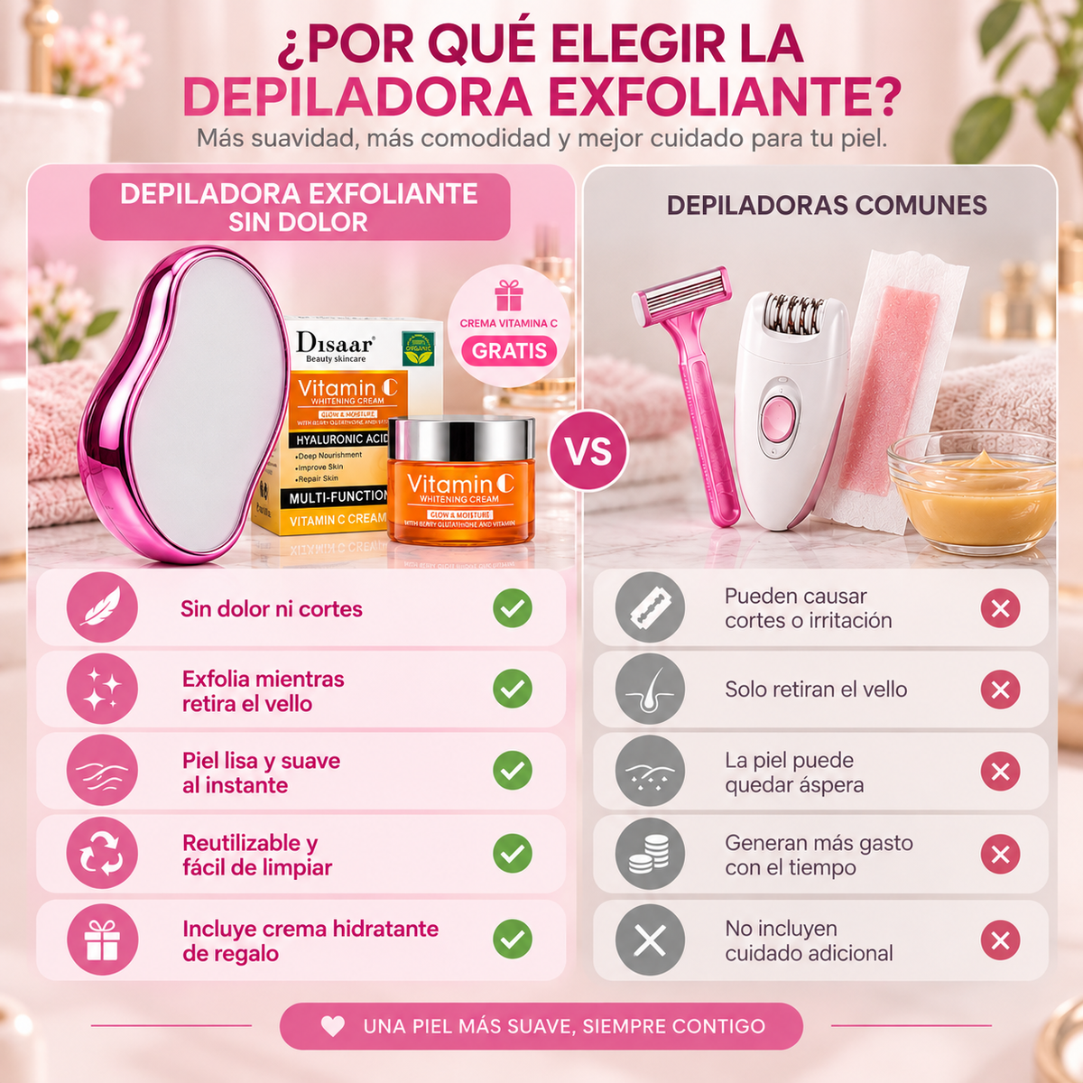 Depiladora Exfoliante de Cristal + Crema Hidratante Vitamina C de Regalo 🎁
