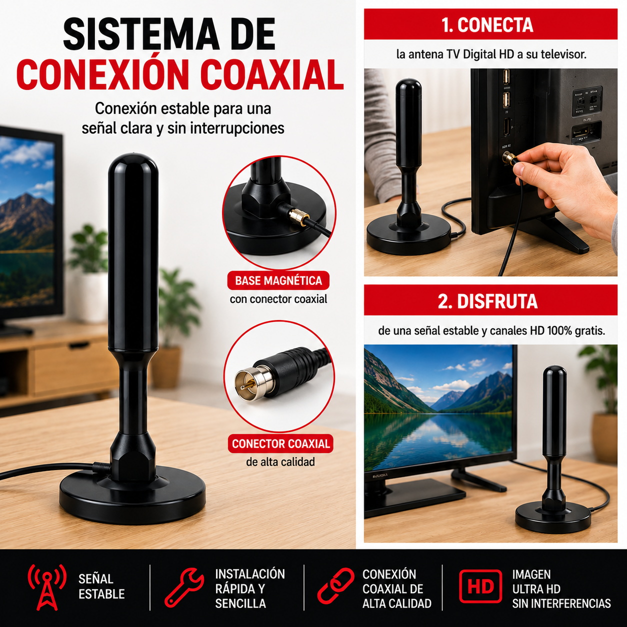 ClearSignal 360° Pro® – Antena TV Digital TDT 4K UHD Sin Mensualidades y +3000 Canales