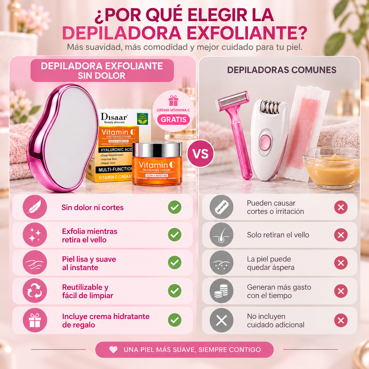 Depiladora Exfoliante de Cristal + Crema Hidratante Vitamina C de Regalo 🎁