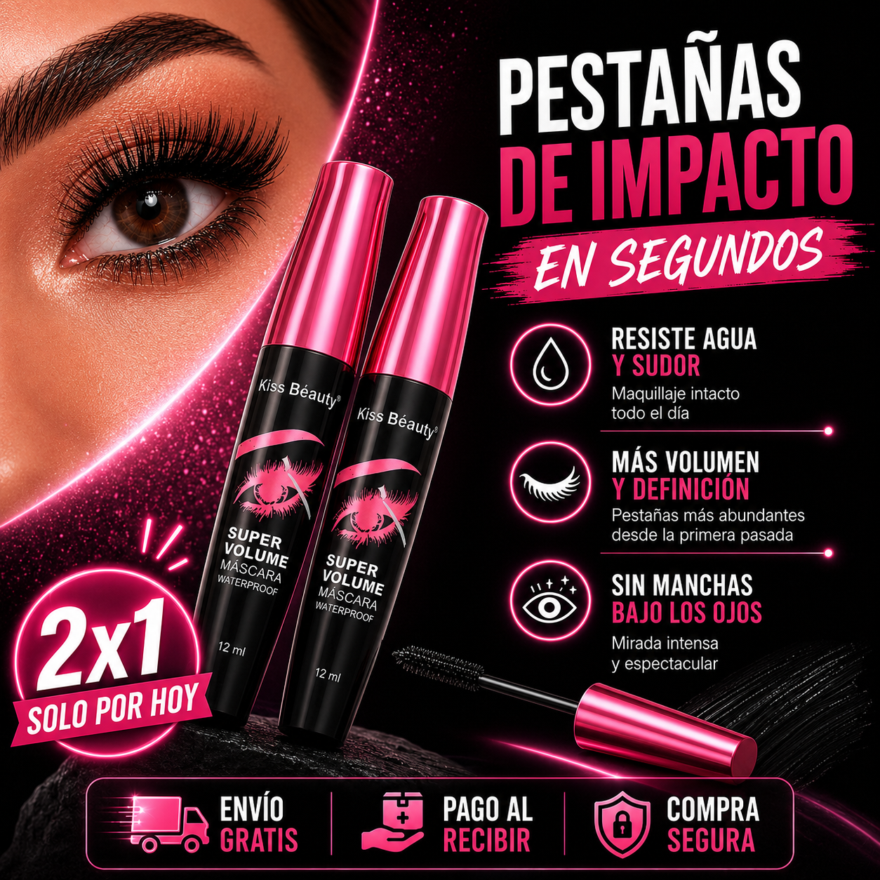 (2x1) Kiss Beauty® | Máscara de Pestañas Súper Volumen